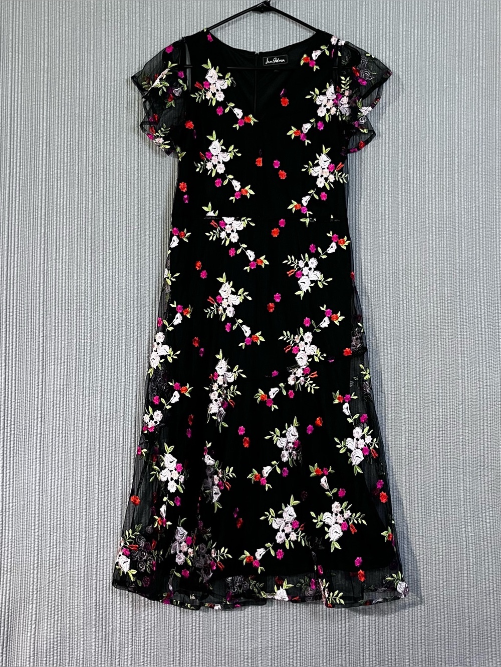 Sam Edelman Floral Midi Dress Embroidered Sheer Mesh Overlay Sz 10